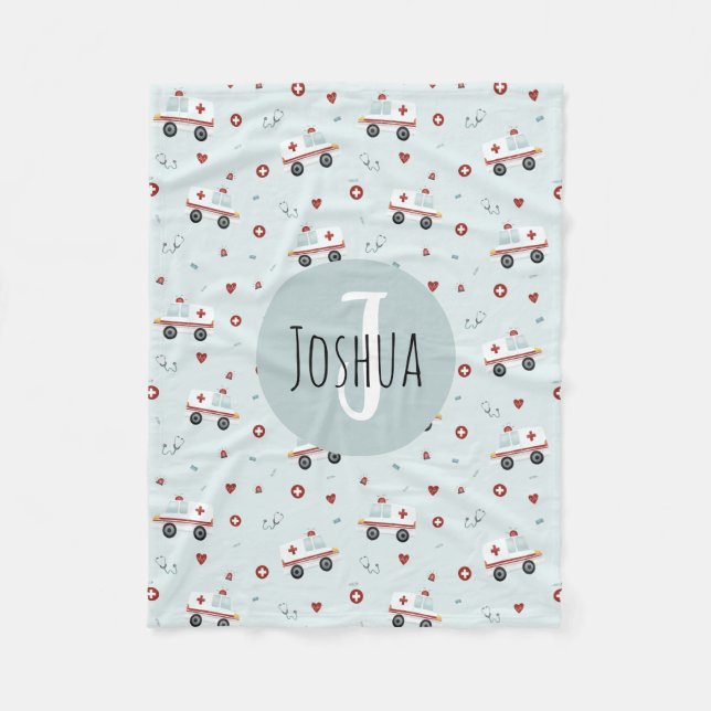 Boys Cute Blue Paramedic Ambulance Pattern Kids Fleece Blanket (Front)