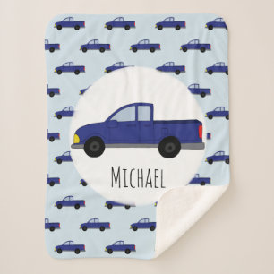 Boys Cute Blue Pickup Truck Cartoon Kids Sherpa Blanket