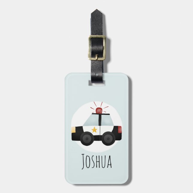 Boys Cute Blue Police Car Cartoon and Name Kids Luggage Tag (Front Vertical)