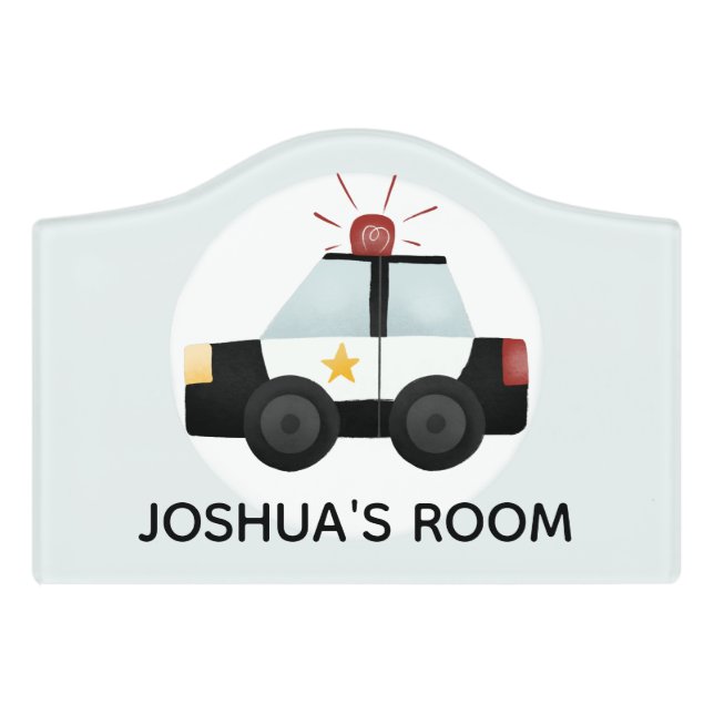 Boys Cute Blue Police Car Cartoon Kids Nursery Door Sign (Small Crest Front)