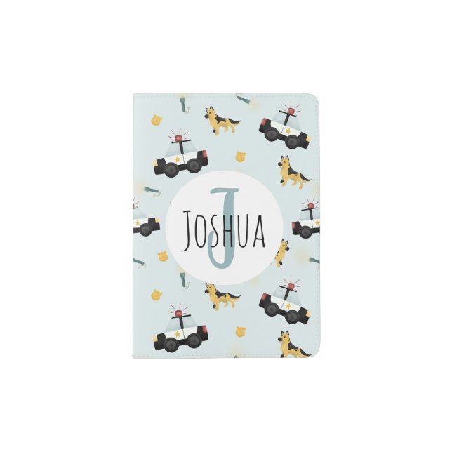 Boys Cute Blue Police Car Pattern Kids Passport Holder (Front)