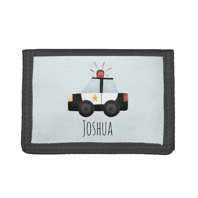 Boys Cute Blue Police Officer Car and Name Trifold Wallet (Front)