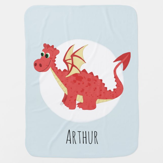 Boys Cute Blue Red Welsh Dragon and Name Baby Blanket (Front)