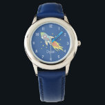 Boys Cute Blue Rocket Ship Space and Name Kids Watch<br><div class="desc">This cute kids watch features a beautiful and colorful hand drawn rocket ship in outer space. This unique blue design also features a place for you to add your boys name. With easy to read numbers,  this design is perfect for your toddler or child's first watch!</div>
