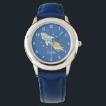Boys Cute Blue Rocket Ship Space and Name Kids Watch<br><div class="desc">This cute kids watch features a beautiful and colorful hand drawn rocket ship in outer space. This unique blue design also features a place for you to add your boys name. With easy to read numbers,  this design is perfect for your toddler or child's first watch!</div>
