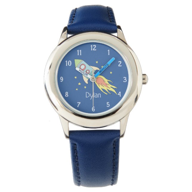 Boys Cute Blue Rocket Ship Space and Name Kids Watch (Front)