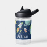 Boys Cute Blue Rocket Ship Space Kids School Water Bottle<br><div class="desc">This cute and modern kids school water bottle design features a space design,  with a rocket ship,  astronaut,  stars,  planets,  and moon,  and can be personalized with your boys name. The perfect blue space and earth-themed addition to your boys school supplies,  perfect for preschool or kindergarten!</div>