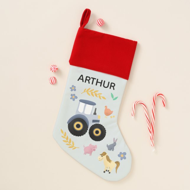 Boys Cute Blue Rustic Farm Animals & Tractor Kids  Christmas Stocking (Front)