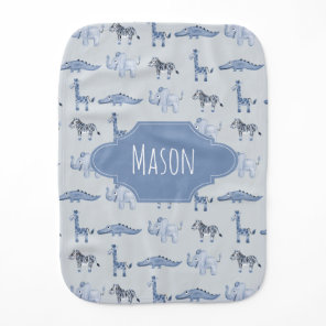 Boy's Cute Blue Safari Animal Pattern with Name Baby Burp Cloth