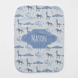 Boy's Cute Blue Safari Animal Pattern with Name Baby Burp Cloth