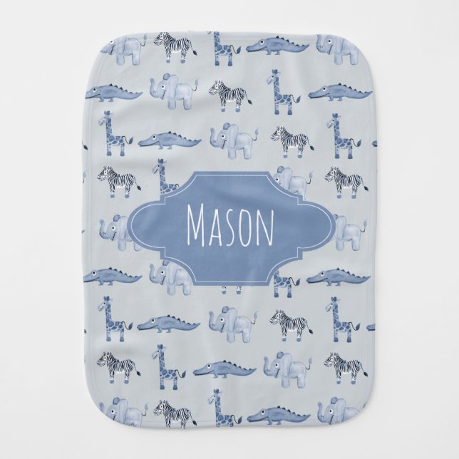 Boy's Cute Blue Safari Animal Pattern with Name Baby Burp Cloth (Front)