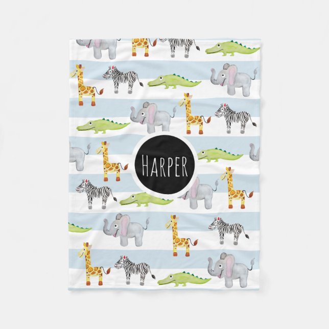 Boys Cute Blue Safari Animals with Name Kids Fleece Blanket (Front)