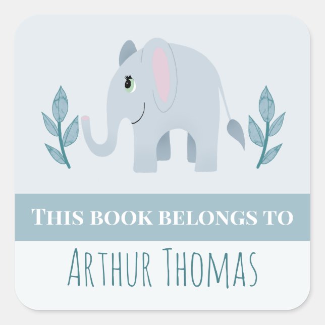 Boys Cute Blue Safari Elephant Kids Bookplate (Front)
