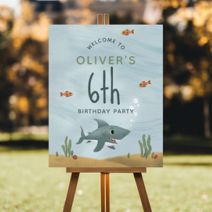 Boys Cute Blue Shark Birthday Welcome Sign