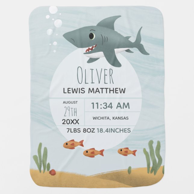 Boys Cute Blue Shark Keepsake Birth Stats Baby Blanket (Front)