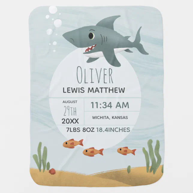 Boys Cute Blue Shark Keepsake Birth Stats Baby Blanket | Zazzle