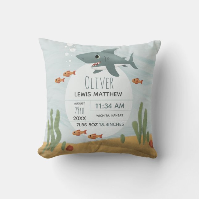 Boys Cute Blue Shark Keepsake Birth Stats Throw Pillow (Front)