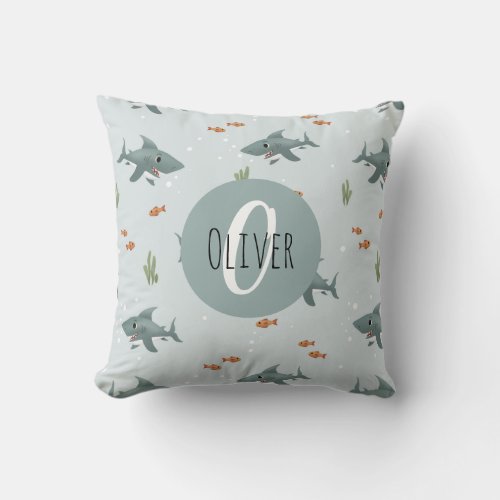 Boys Cute Blue Shark Pattern Monogram Kids Throw Pillow