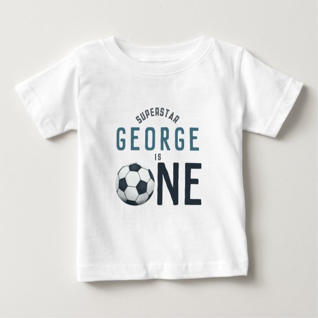 Boys Cute Blue Soccer First Birthday Baby T-Shirt (Front)