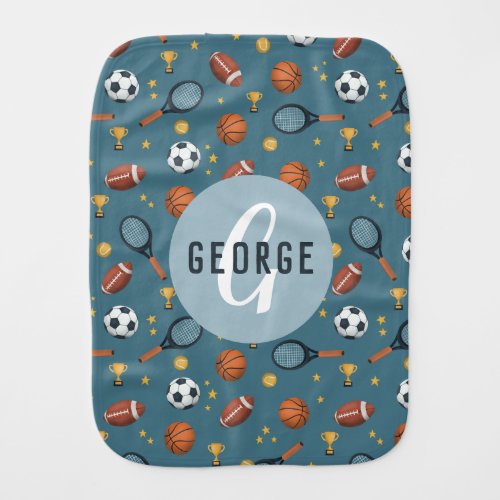 Boys Cute Blue Soccer Football Basketball Sport Baby Burp Cloth