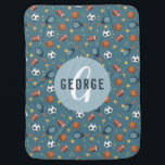 Boys Cute Blue Soccer Football Basketball Sports Baby Blanket<br><div class="desc">This cute blue baby blanket features a sports pattern,  with a football,  soccer ball,  tennis racket and ball,  trophy,  basketball,  and stars. The blanket can be personalized with your boys name and monogram. The perfect sport themed keepsake for your baby,  toddler or child,  the perfect baby shower gift!</div>