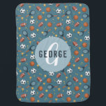 Boys Cute Blue Soccer Football Basketball Sports Baby Blanket<br><div class="desc">This cute blue baby blanket features a sports pattern,  with a football,  soccer ball,  tennis racket and ball,  trophy,  basketball,  and stars. The blanket can be personalized with your boys name and monogram. The perfect sport themed keepsake for your baby,  toddler or child,  the perfect baby shower gift!</div>