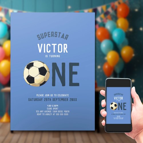 Boys Cute Blue Soccer Sports Kids 1st Birthday Invitation