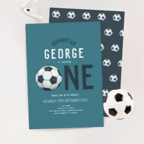 Boys Cute Blue Soccer Sports Kids 1st Birthday Invitation