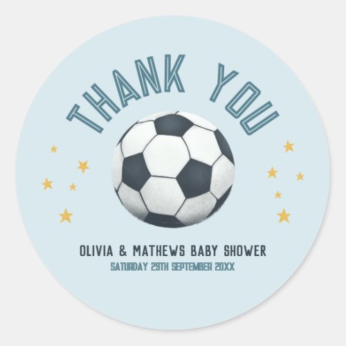 Boys Cute Blue Soccer Thank You Baby Shower Classic Round Sticker