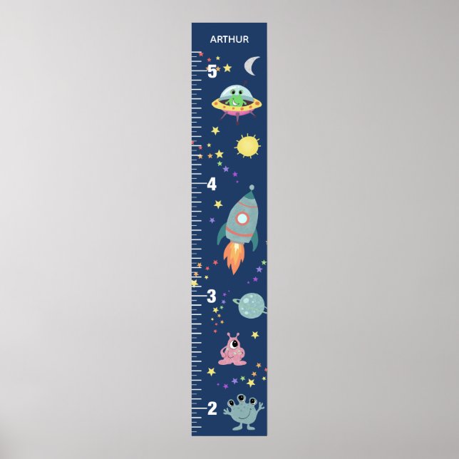 Boys Cute Blue Space Alien & Name Growth Chart (Front)