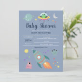 Boys Cute Blue Space Alien Rocket Baby Shower Invitation (Standing Front)