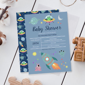 Boys Cute Blue Space Alien Rocket Baby Shower Invitation