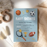 Boys Cute Blue Sports Baby Shower Invitation<br><div class="desc">This cute and modern boys baby shower invitation design features a blue sports cartoon pattern, with a basketball, football, soccer ball, tennis racket, trophy, and stars. The invite can be personalized with the parent's names and other details necessary for your party. The perfect sports themed addition to your co-ed couples...</div>