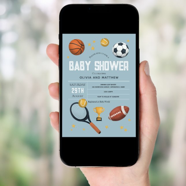 Boys Cute Blue Sports Baby Shower Invitation (Front Digital)