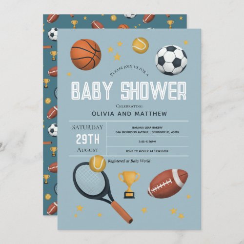 Boys Cute Blue Sports Baby Shower Invitation