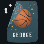 Boys Cute Blue Sports Basketball Baby Blanket<br><div class="desc">This cute and cozy baby blue blanket features a sports design, with a basketball illustration, and stars, and a matching sports pattern on the back. The blanket can be personalized with your boys name in a cool and sporty typography. The perfect gift for any sport lover, a lovely baby shower...</div>