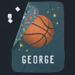 Boys Cute Blue Sports Basketball Baby Blanket<br><div class="desc">This cute and cozy baby blue blanket features a sports design, with a basketball illustration, and stars, and a matching sports pattern on the back. The blanket can be personalized with your boys name in a cool and sporty typography. The perfect gift for any sport lover, a lovely baby shower...</div>
