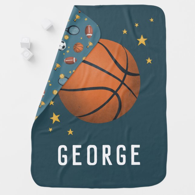 Boys Cute Blue Sports Basketball Baby Blanket (In Situ)