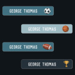 Boys Cute Blue Sports Football Basketball School Kids' Labels<br><div class="desc">This cute and trendy kids food storage label design features sports cartoons, with a soccer ball, basketball, trophy and American football, and can be personalized with your boys first and last name. The perfect blue sporty design for your toddler's clothing, or a bookplate sticker label for your boy's school supplies!...</div>
