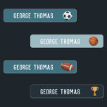 Boys Cute Blue Sports Football Basketball School Kids' Labels<br><div class="desc">This cute and trendy kids food storage label design features sports cartoons, with a soccer ball, basketball, trophy and American football, and can be personalized with your boys first and last name. The perfect blue sporty design for your toddler's clothing, or a bookplate sticker label for your boy's school supplies!...</div>
