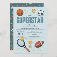 Boys Cute Blue Sports Superstar Baby Shower Invitation