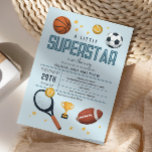 Boys Cute Blue Sports Superstar Baby Shower Invitation<br><div class="desc">This cute and modern “a little superstar is on the way” boys baby shower invitation design features a blue sports cartoon design, with a basketball, football, soccer ball, tennis racket, trophy, and stars. The invite can be personalized with the parent's names and other details necessary for your party. The perfect...</div>