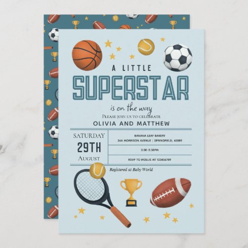 Boys Cute Blue Sports Superstar Baby Shower Invitation