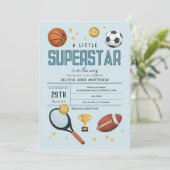 Boys Cute Blue Sports Superstar Baby Shower Invitation (Standing Front)