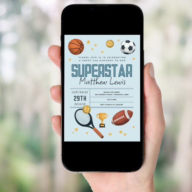 Boys Cute Blue Sports Superstar Kids 2nd Birthday Invitation (Front Digital)