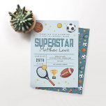 Boys Cute Blue Sports Superstar Kids 2nd Birthday Invitation<br><div class="desc">This cute and modern boys 2nd birthday invitation design features a blue superstar sports cartoon design, with a basketball, football, soccer ball, tennis racket, trophy, and stars. The invite can be personalized with your child’s name and other details necessary for your party, and can also be edited for other ages....</div>