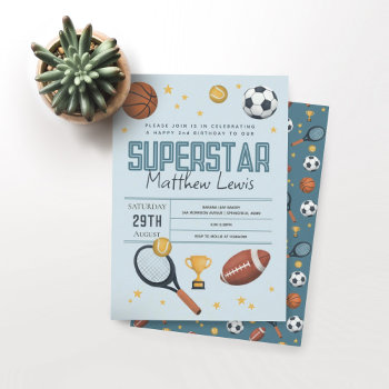 Boys Cute Blue Sports Superstar Kids 2nd Birthday Invitation by Simply_Baby at Zazzle