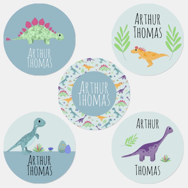 Boys Cute Blue T-Rex Dinosaur Cartoon Name School Kids' Labels (Group)