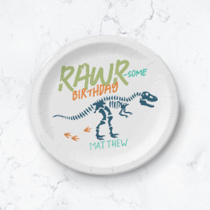 Boys Cute Blue T-Rex Dinosaur Dig Kids Birthday Paper Plates