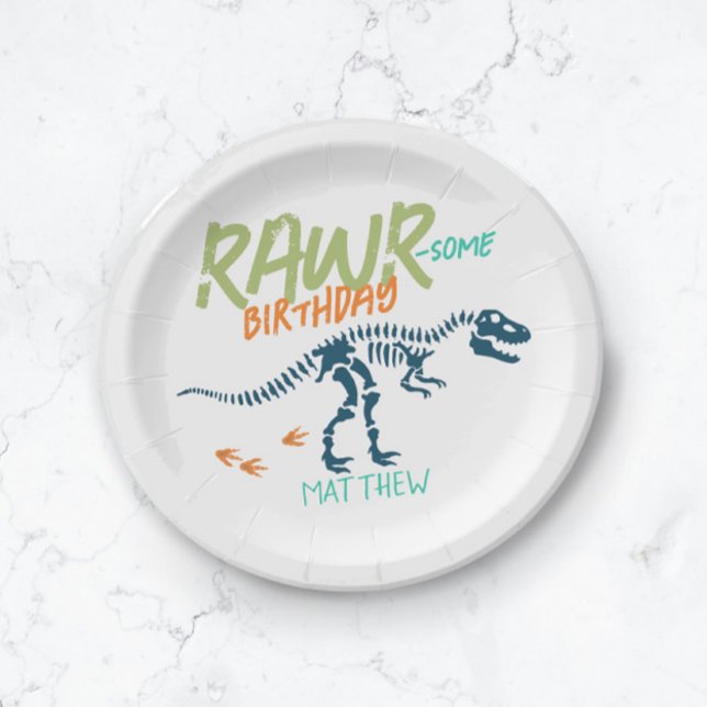 Boys Cute Blue T-Rex Dinosaur Dig Kids Birthday Paper Plates (Creator Uploaded)